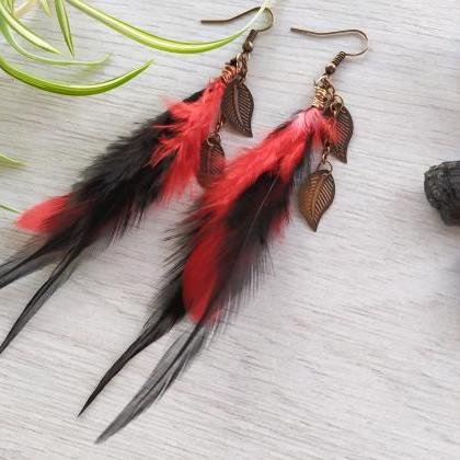 Long Black And Red Boho Feather Earrings, Long..
