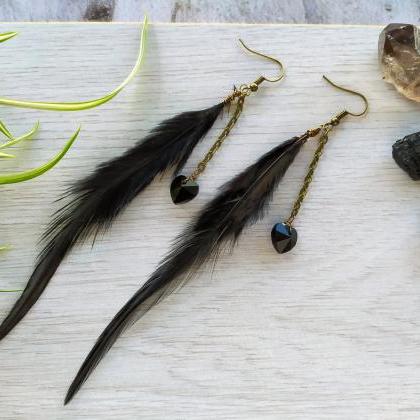 Long Black Boho Feather Earrings, Long Chandeliers..