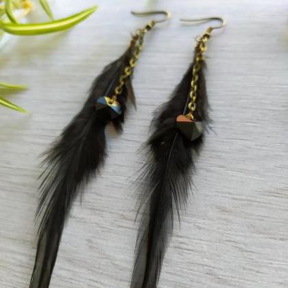 Long Black Boho Feather Earrings, Long Chandeliers..