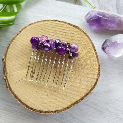 Dark Purple Wedding Hair Comb, Purple Beaded Slide..