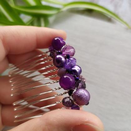 Dark Purple Wedding Hair Comb, Purple Beaded Slide..