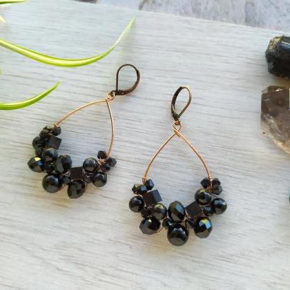 Black Beaded Earrings, Black Wire Wrapped Copper..