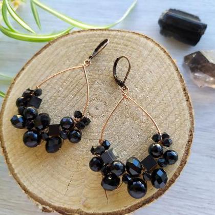 Black Beaded Earrings, Black Wire Wrapped Copper..