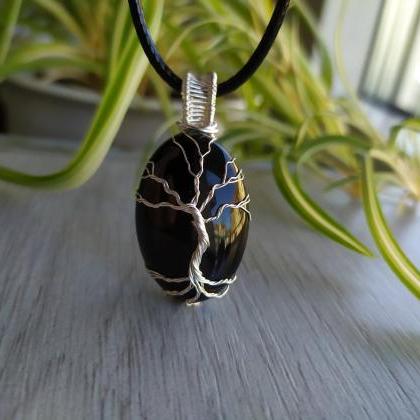 Black Wire Wrapped Tree Of Life Pendant, Black..
