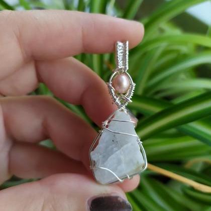 Wire Wrapped Snow Quartz And Pearl Pendant, Pearl..
