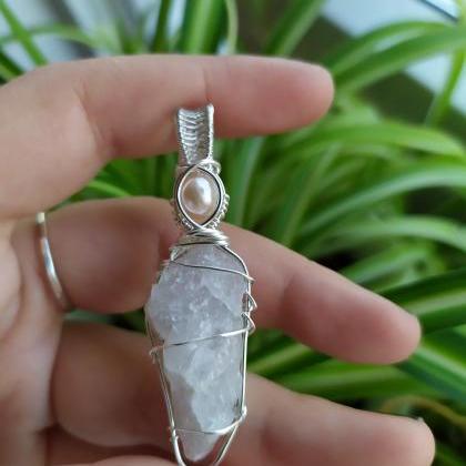Wire Wrapped Snow Quartz And Pearl Pendant, Pearl..