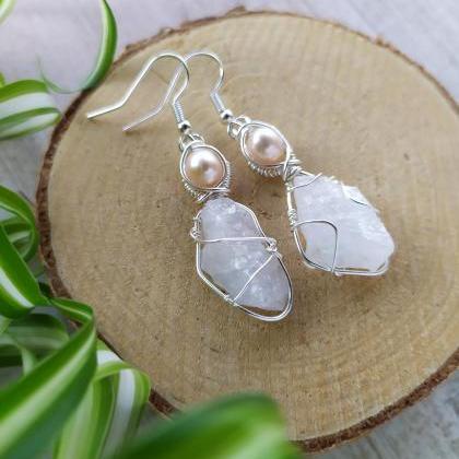 Wire Wrapped Snow Quartz And Pearl Earrings, Pearl..