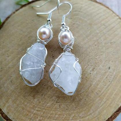 Wire Wrapped Snow Quartz And Pearl Earrings, Pearl..