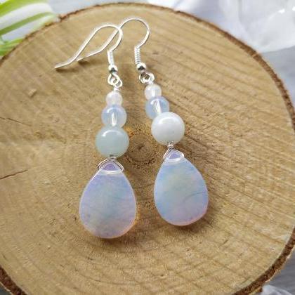 White Mixed Gemstone Earrings, Rainbow Moonstone..