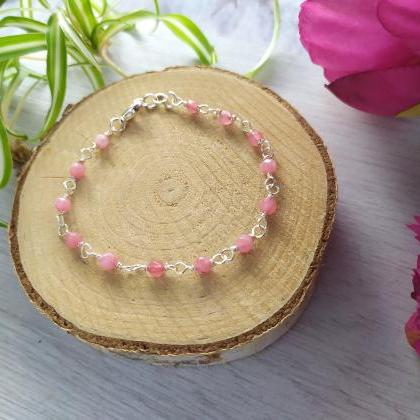 Pink Agate Bead Chain Bracelet, Dark Pink Boho..