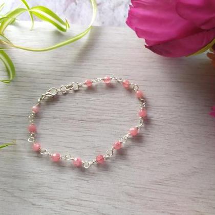 Pink Agate Bead Chain Bracelet, Dark Pink Boho..