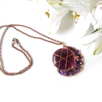 Purple Crescent Moon Necklace, Wire Wrapped..