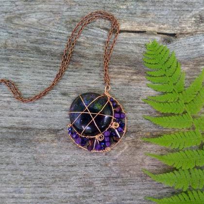 Purple Crescent Moon Necklace, Wire Wrapped..