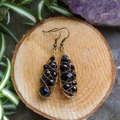 Black Wire Wrapped Earrings, Bohemian Mismatched..