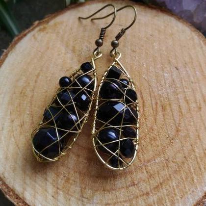 Black Wire Wrapped Earrings, Bohemian Mismatched..