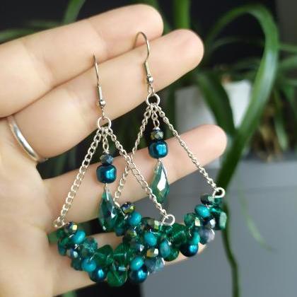 Teal Bubbly Swings, Wire Wrapped Silver And Blue..