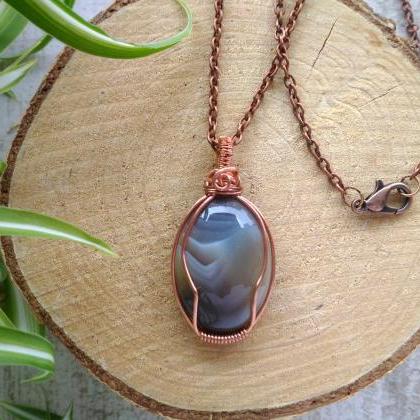 Brown Agate Pendant, Wire Wrapped Copper Necklace,..
