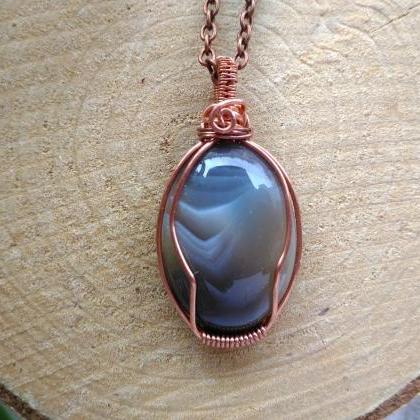 Brown Agate Pendant, Wire Wrapped Copper Necklace,..