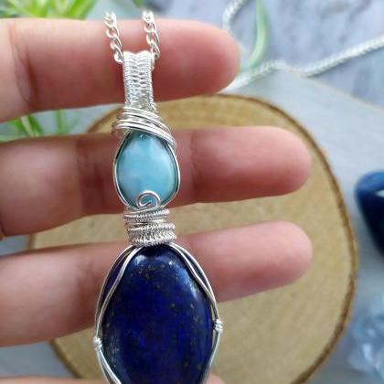 Wire Wrapped Lapis Lazuli And Larimar Pendant,..