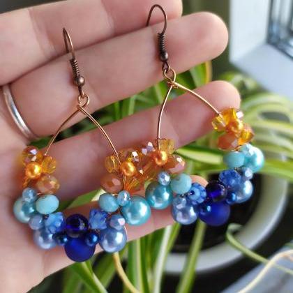 Orange And Blue Earrings, Wire Wrapped Bohemian..