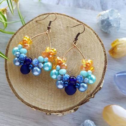 Orange And Blue Earrings, Wire Wrapped Bohemian..