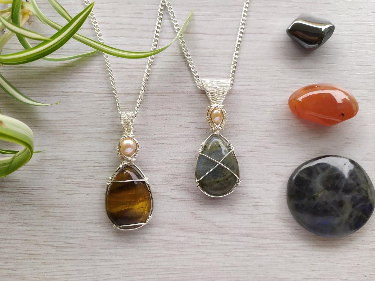 Wire Wrapped Silver Gemstone And Pearl Pendant, Pearl & Stone Collection, Flashy Labradorite Cabochon Pendant, Tiger's Eye