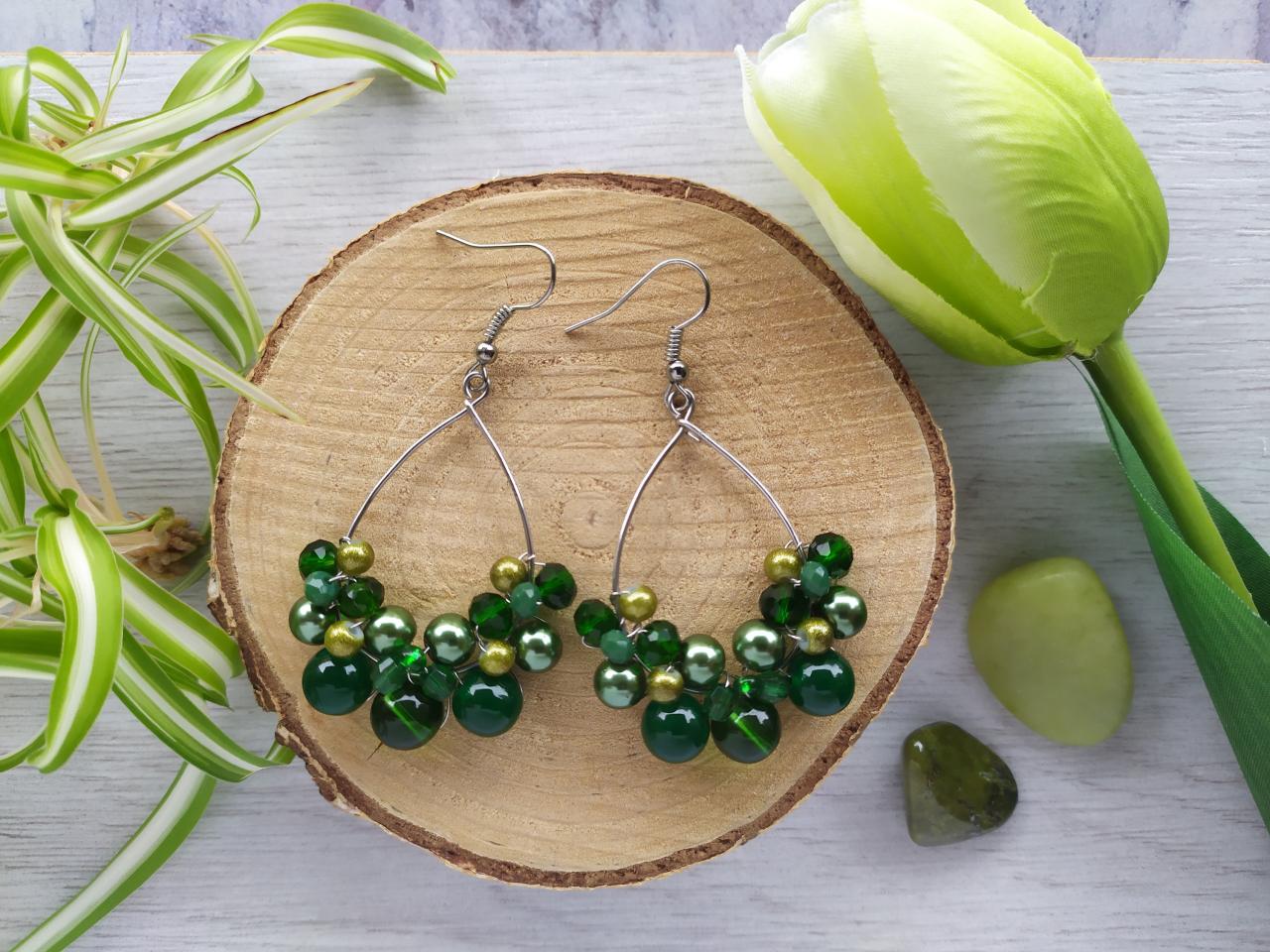 Dark Green Stainless Steel Earrings, Grass Green Hoop Earrings, Vibrant Green Boho Hoops, Green Beaded Dangle Earrings, Green Bubbly Hoops