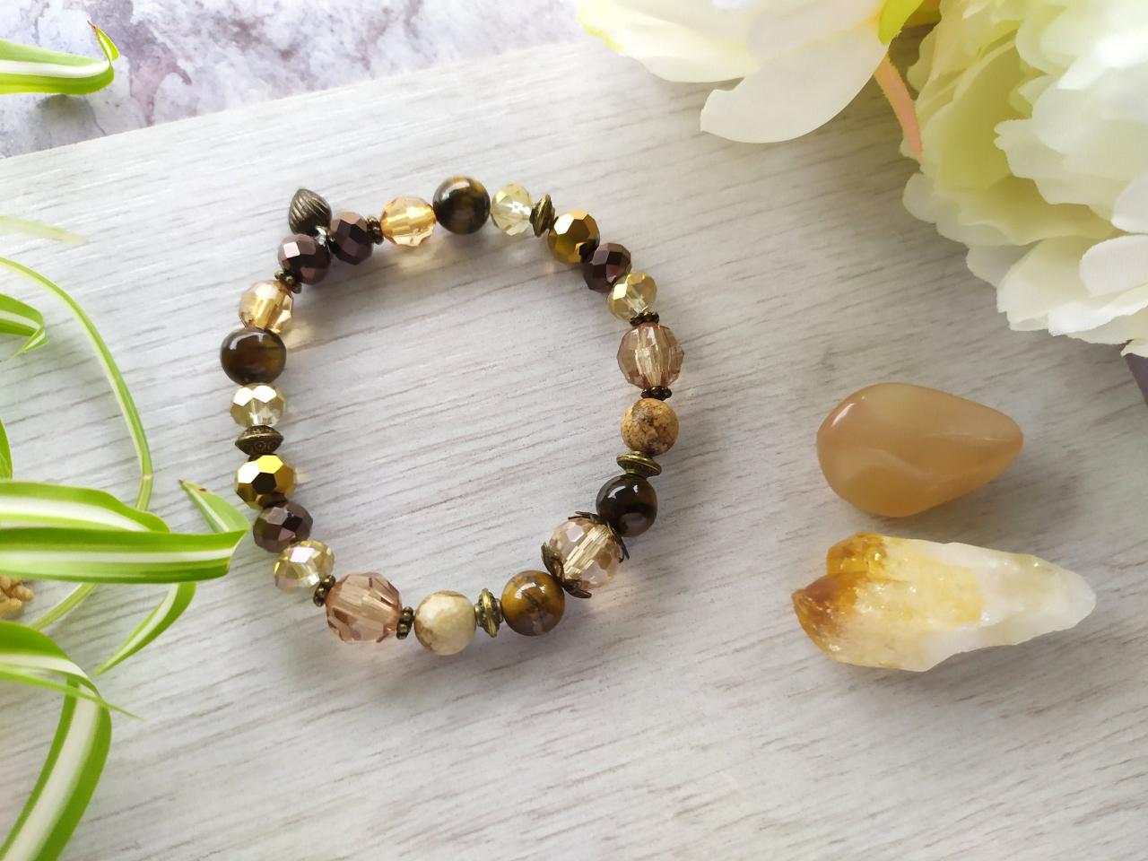 Stacking Brown Gold Gemstone Bracelets, Bohemian Stretch Bracelets With Tigers Eye Picture Jasper, Brown Bronze Beaded Bracelet,gift For Her