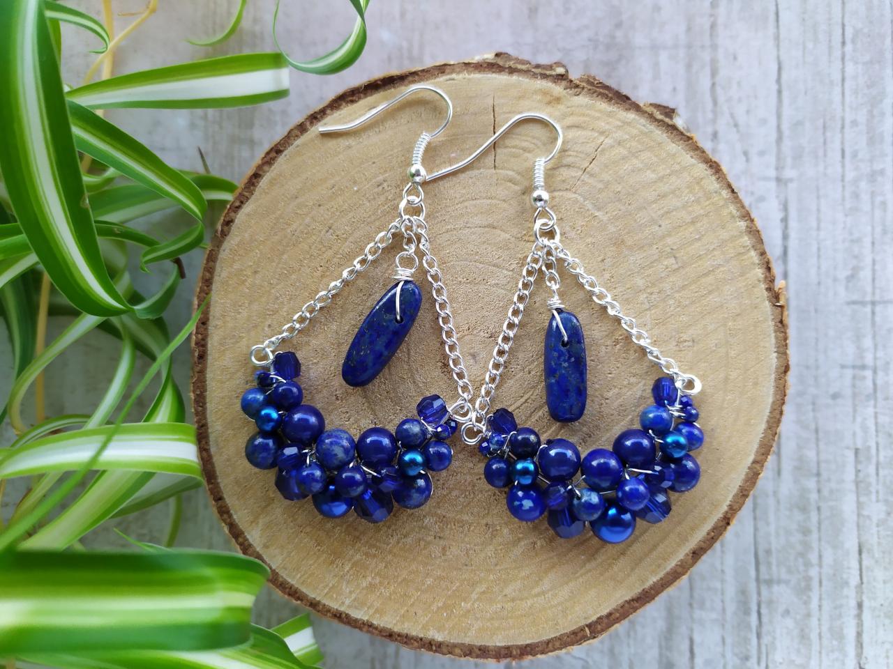 Blue And Silver Gemstone Chandelier Earrings, Blue Bubbly Swings With Lapis Lazuli, Blue Boho Earrings With Natural Stones,bohemian Earrings