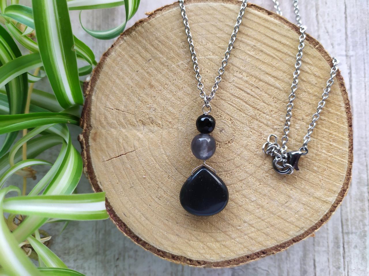 Black Onyx And Agate Pendant, Simple Elegant Gemstone Necklace, Black Boho Pendant, Wire Wrapped Gemstone And Stainless Steel Necklace
