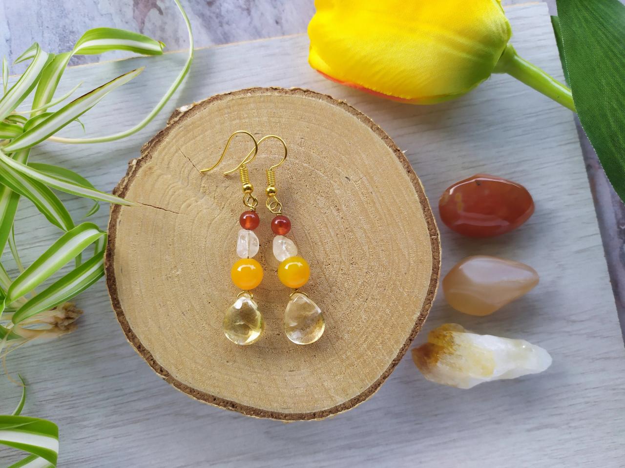 Citrine Orange Yellow Gemstone Earrings, Citrine Agate Carnelian Earrings, Autumn Boho Earrings, Dainty Gemstone Drops,crystal Drop Earrings