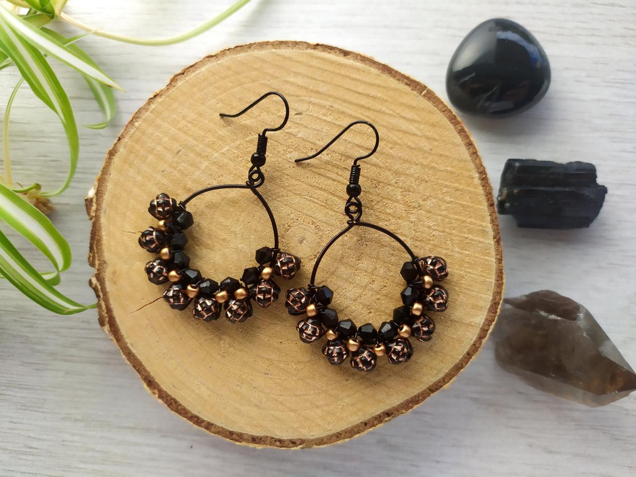 Black And Copper Bubbly Hoops, Wire Wrapped Black Copper Earrings, Black Dainty Boho Earrings, Bohemian Jewelry, Statement Earrings