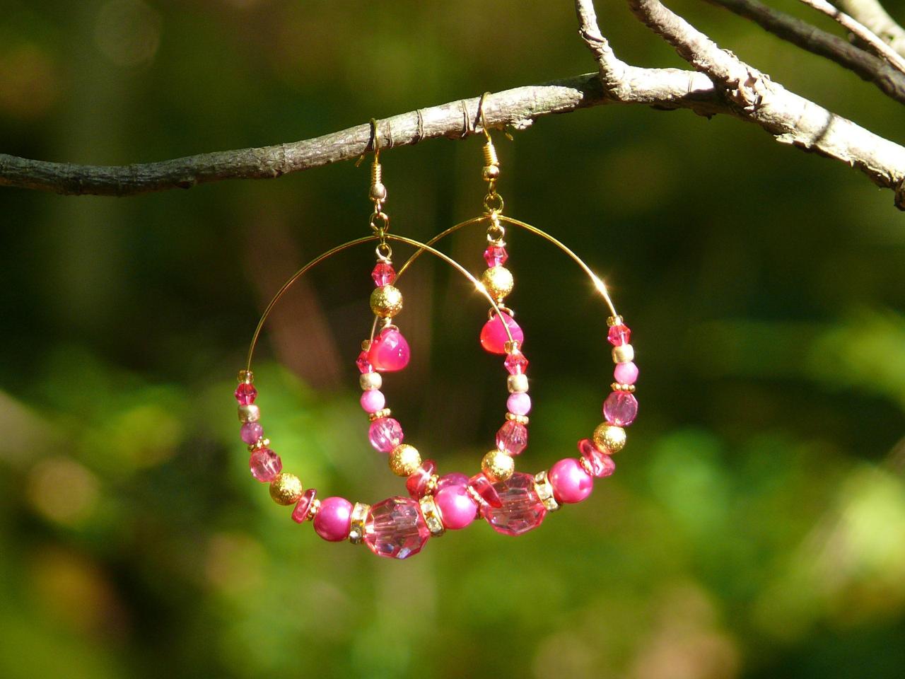Pink Boho Hoops, Bohemian Hoop Earrings, Dark Pink Chandelier Earrings,pink Earrings With Chalcedony,pink And Gold Earrings,gift For Her