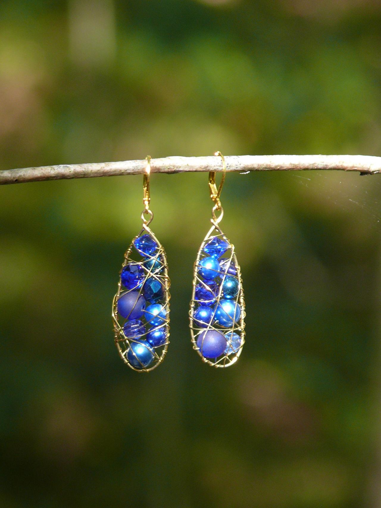 Royal Blue Wire Wrapped Drops, Long Dangle Earrings With Bead And Silver Wire, Dark Blue Boho Earrings, Wire Wrapped Gold, Caged Beads