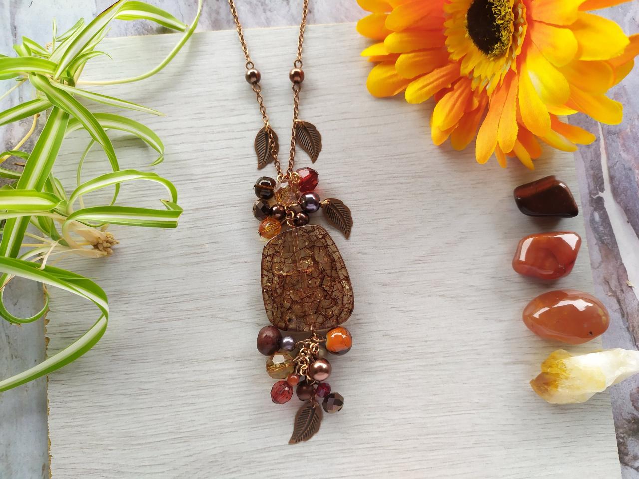 Long Autumn Brown Cluster Necklace, Brown Beaded Cluster Necklace, Brown Copper Boho Necklace With Leaves, Gemstone Long Chain Necklace