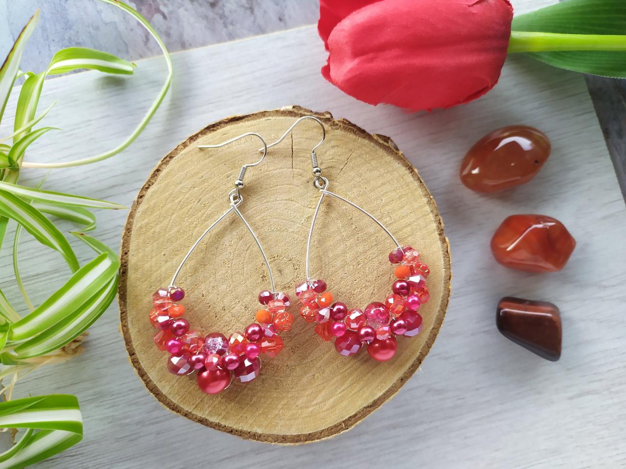 Red Beaded Earrings, Wire Wrapped Silver Hoops, Elegant Red Earrings, Bloody Red Earrings, Chandelier Earrings,red Bubbly Hoops,gift For Her
