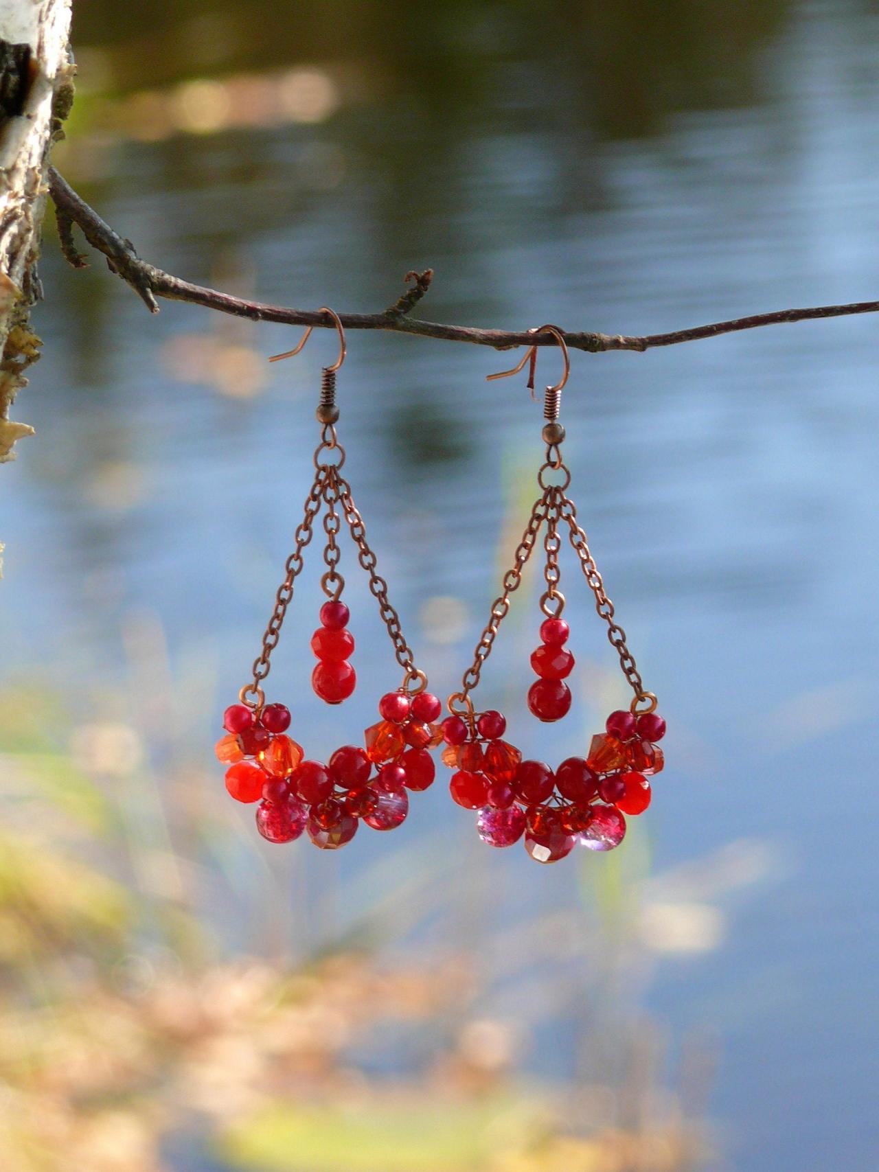 Red Copper Chandelier Earrings, Red Bubbly Swings, Wire Wrapped Vibrant Red Bohemian Earrings With Gemstones, Red Boho Earrings With Drops