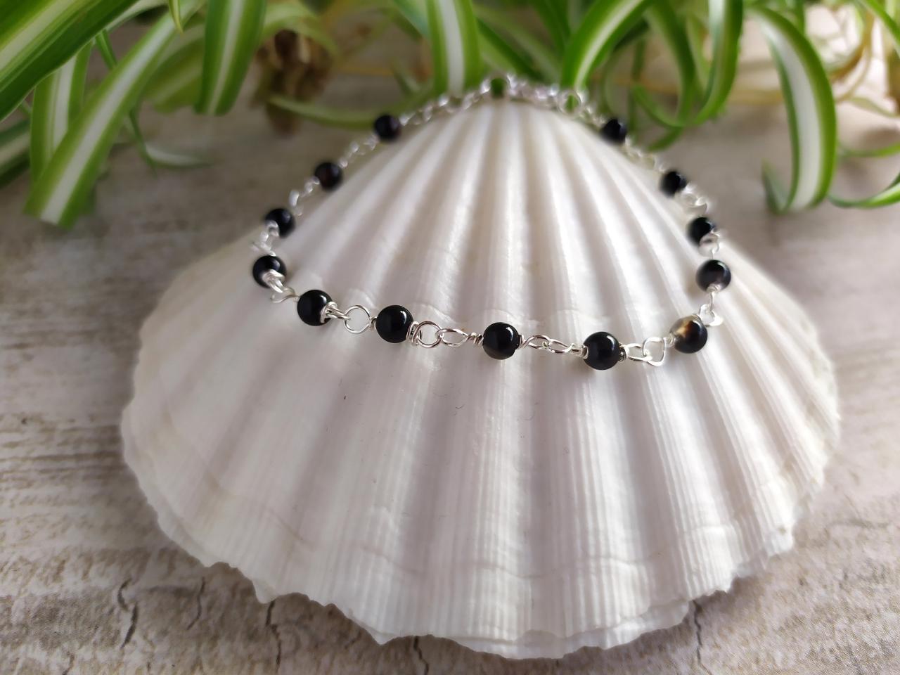 Black Agate Bead Chain Bracelet, Black Boho Gemstone Bracelet, Dark Natural Stone Bracelet, Gypsy Delicate Bohemian Jewelry Bracelet