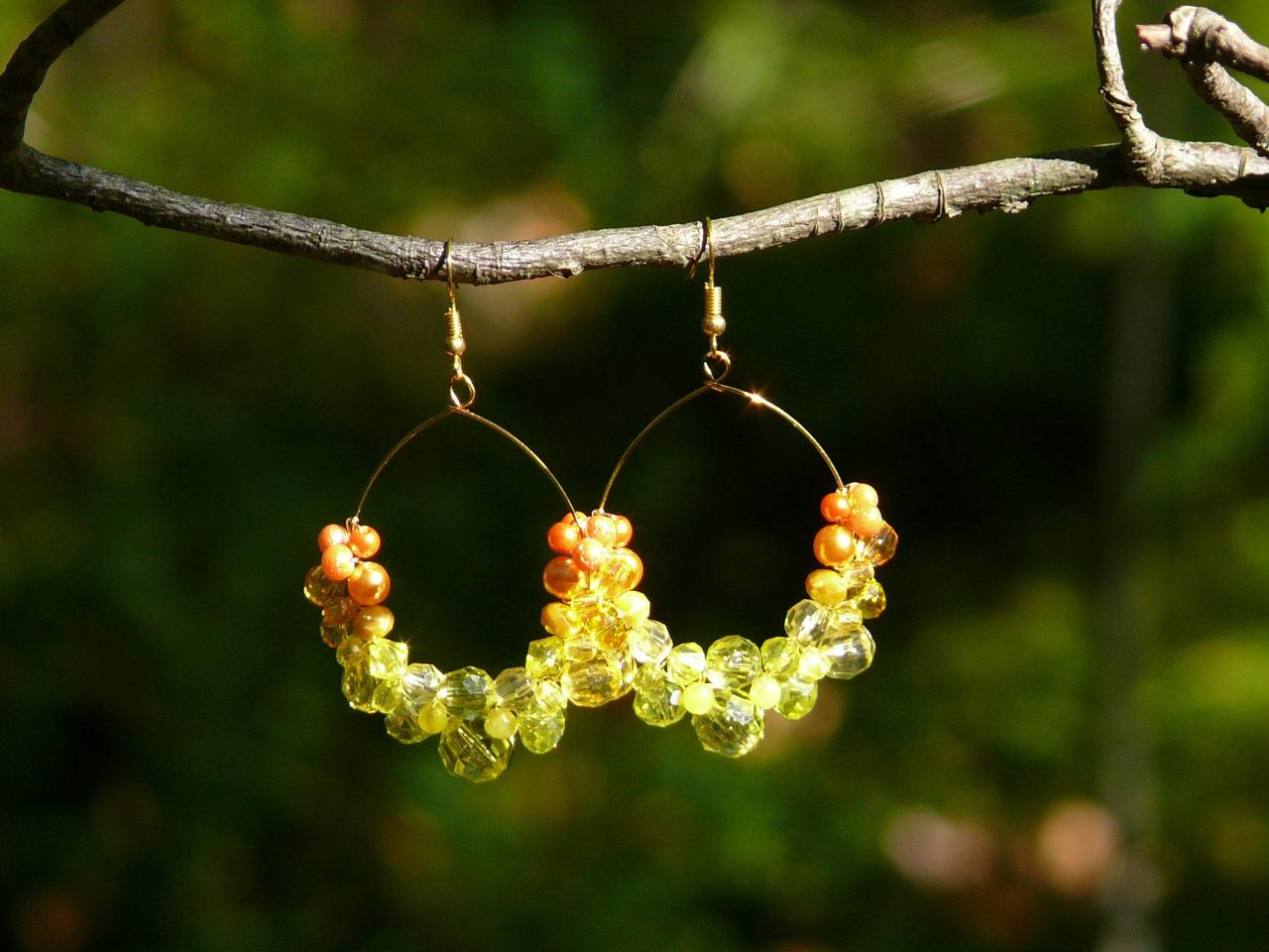 Yellow Hoop Earrings, Ombre Beaded Hoops With Glass Beads, Large Hoop Earrings, Golden Boho Earrings, Gift For Her, 3 Inch Hoops