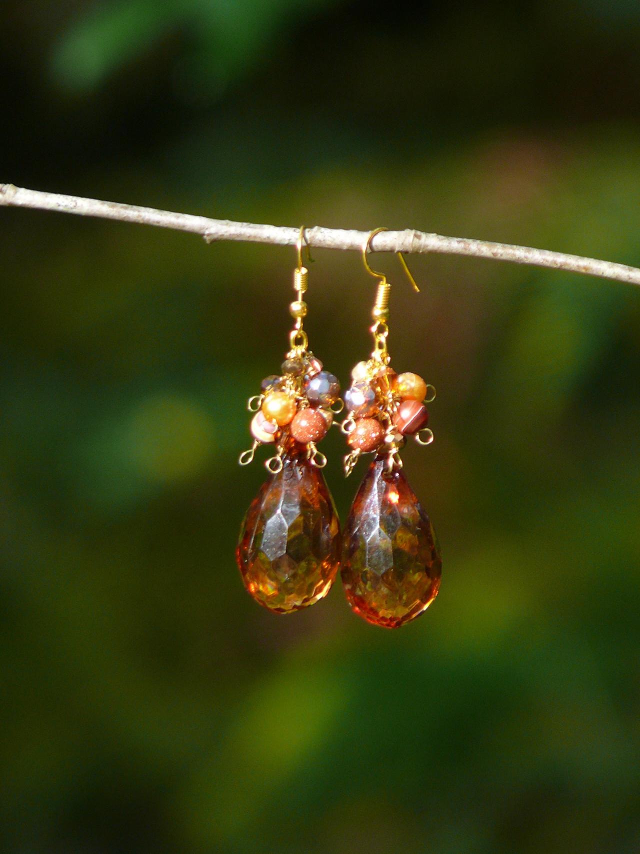 Autumn Cluster Earrings, Brown Gold Large Drop Earrings, Wire Wrapped Beaded Earrings, Agate Mookaite Goldstone Earrings, Gemstone Earrings