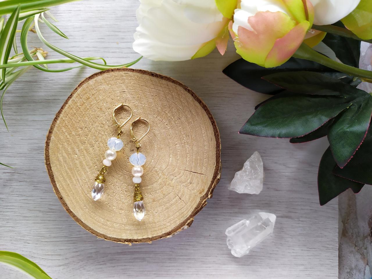Elegant White And Gold Wedding Earrings, White Pearl Bohemian Dangle Earrings, Wrapped Brass Drop Earrings, Milky White Bridal Boho Dangles