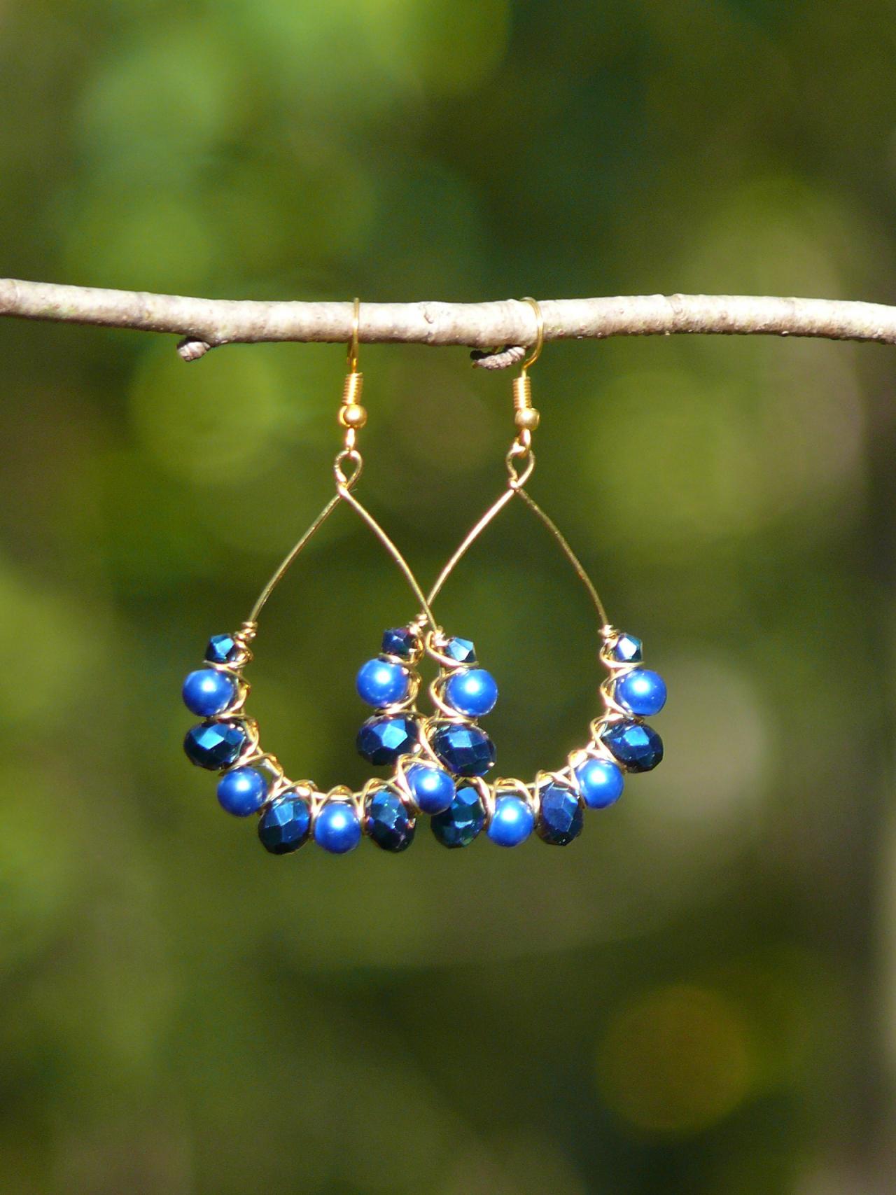 Blue And Gold Hoop Earrings, Royal Blue Boho Earrings, Dark Blue Hoop Earrings, Wire Wrapped Raw Brass Earrings, Beaded Dangle Earrings