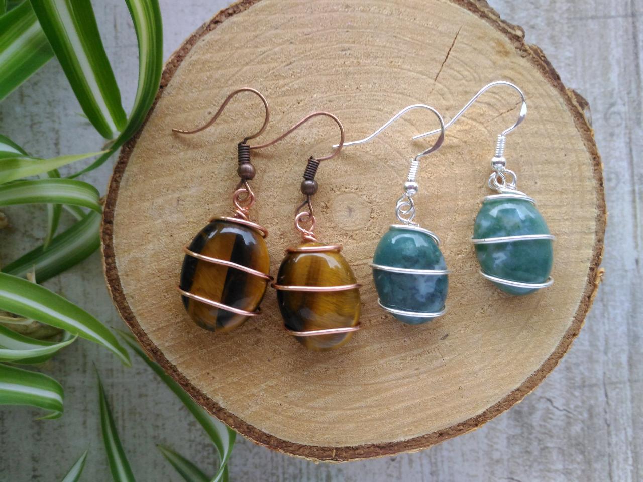Wire Wrapped Gemstone Earrings, Tigers Eye Earrings, Blue Green Agate Earrings, Dainty Gemstone Dangles, Small Copper And Silver Earrings