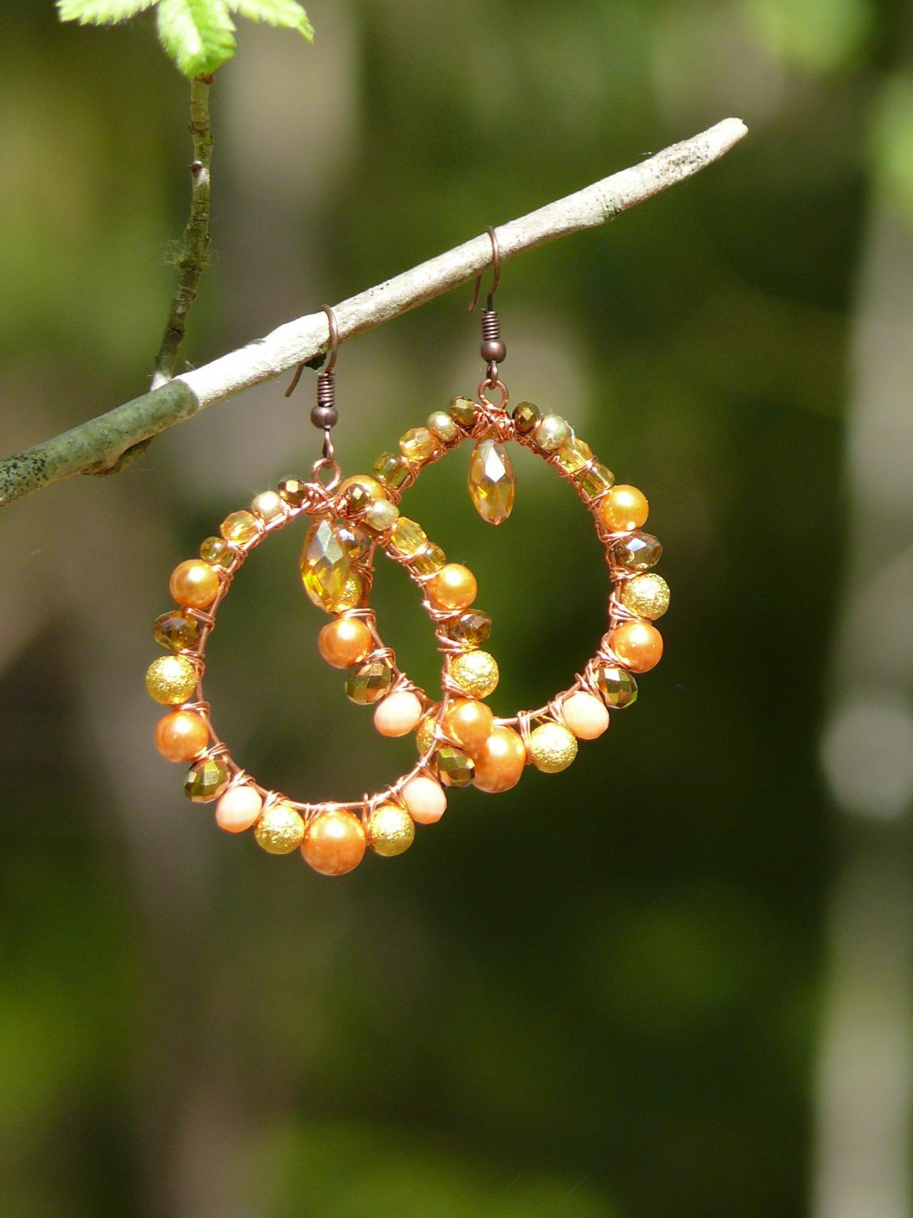 Orange Gold Earrings, Wire Wrapped Copper Hoops, Bohemian Orange Earrings, Orient Inspired Dangle Earrings
