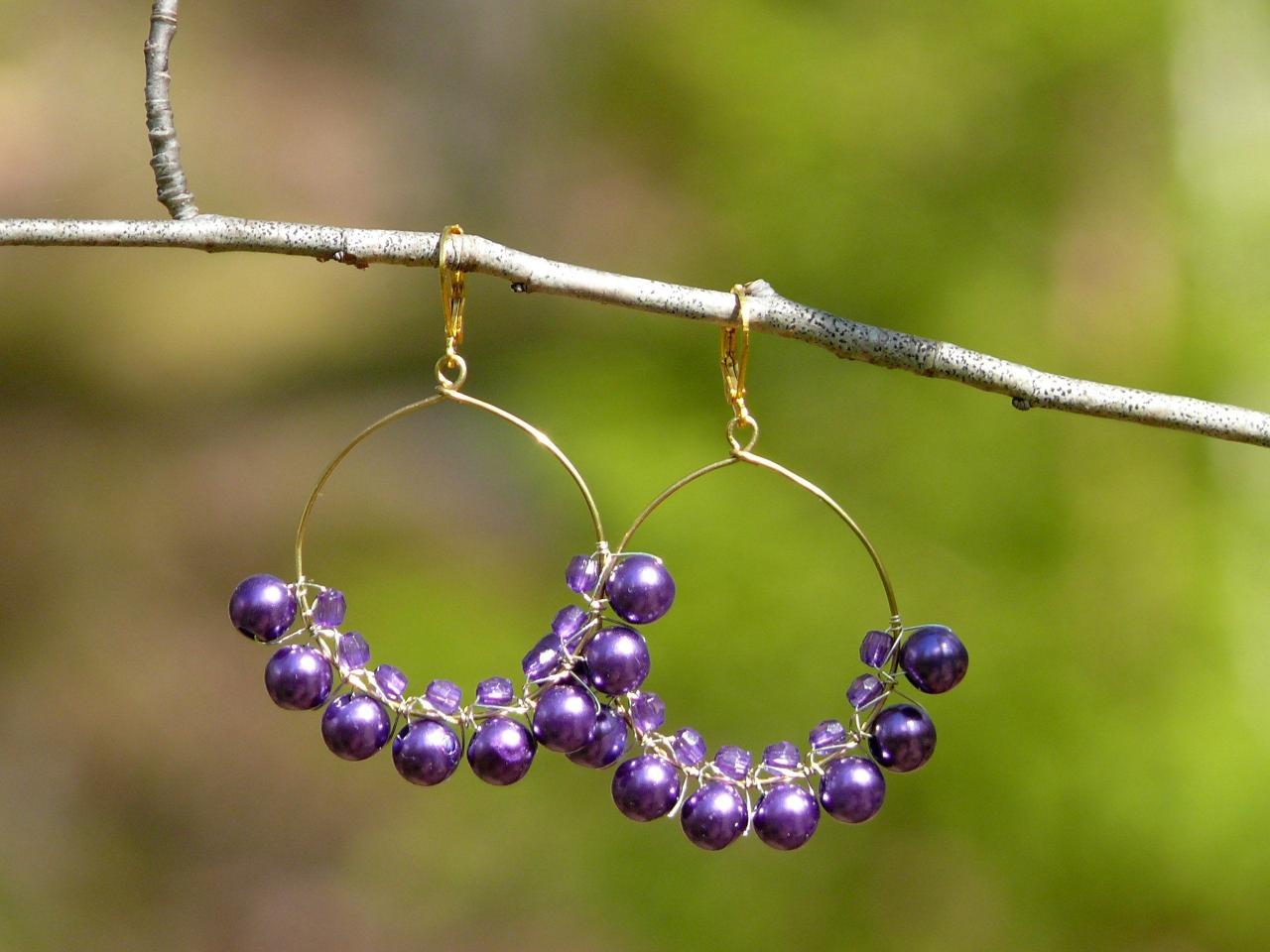 Purple Pearl Hoop Earrings, Bohemian Dark Purple Hoops, Violet Boho Earrings, Wire Wrapped Purple And Gold Festival Earrings,statement Hoops