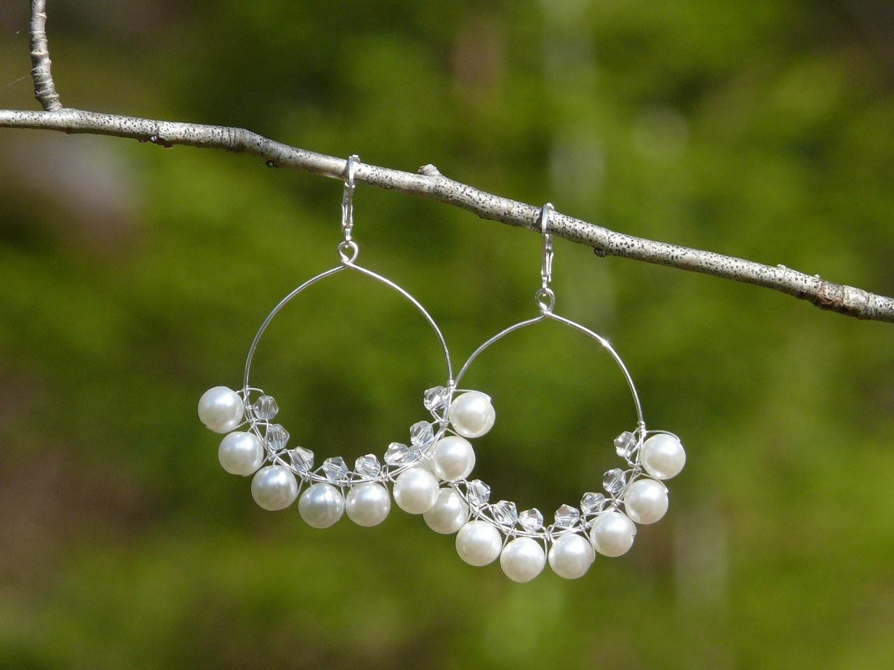 White Pearl Hoop Earrings, Bohemian Pearl White Hoops, White Boho Earrings, Wire Wrapped White And Silver Wedding Earrings, Bridal Earrings