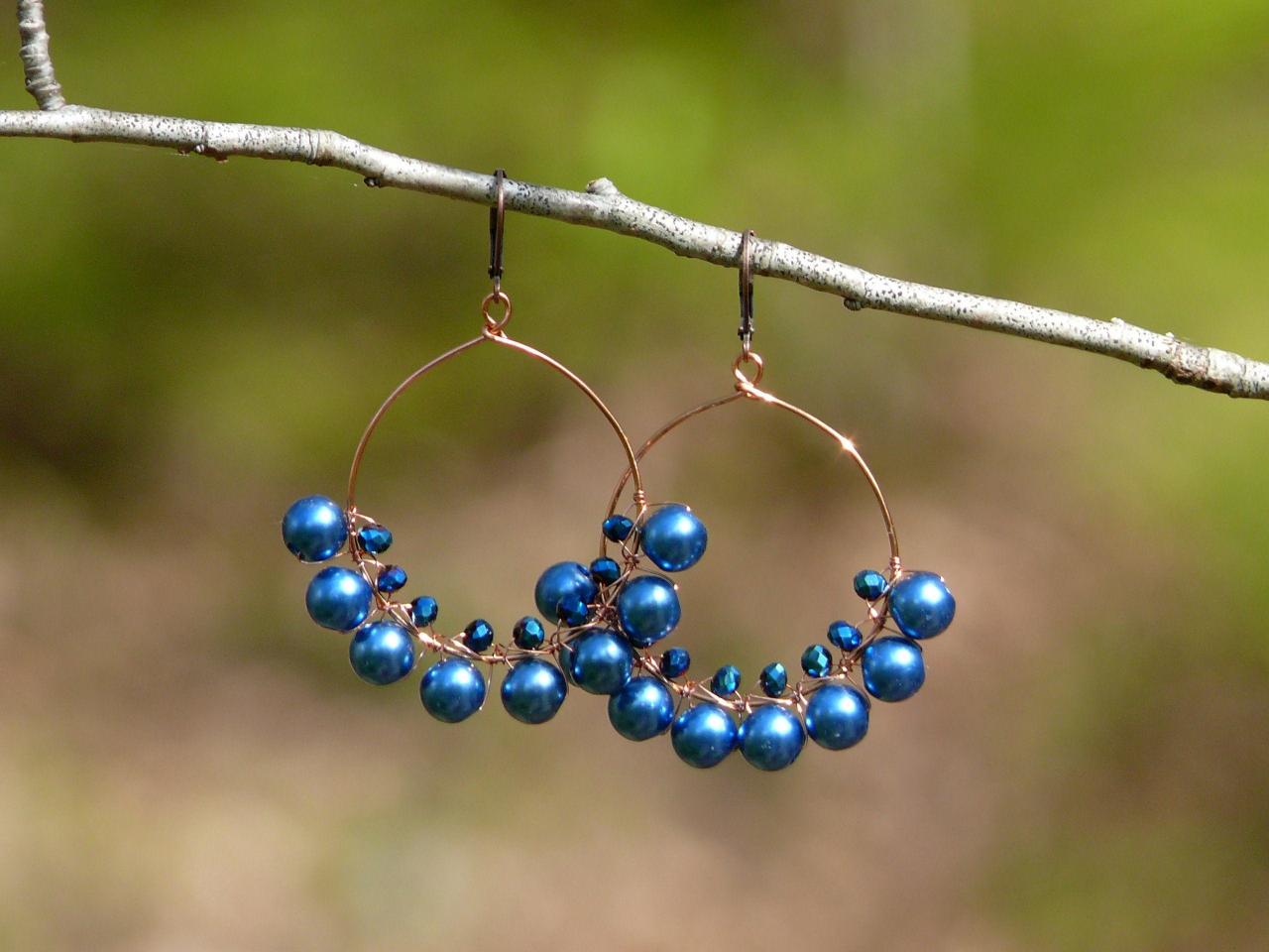 Blue Pearl Hoop Earrings, Bohemian Pearl Blue Hoops, Dark Blue Boho Earrings, Wire Wrapped Blue And Copper Festival Earrings,statement Hoops