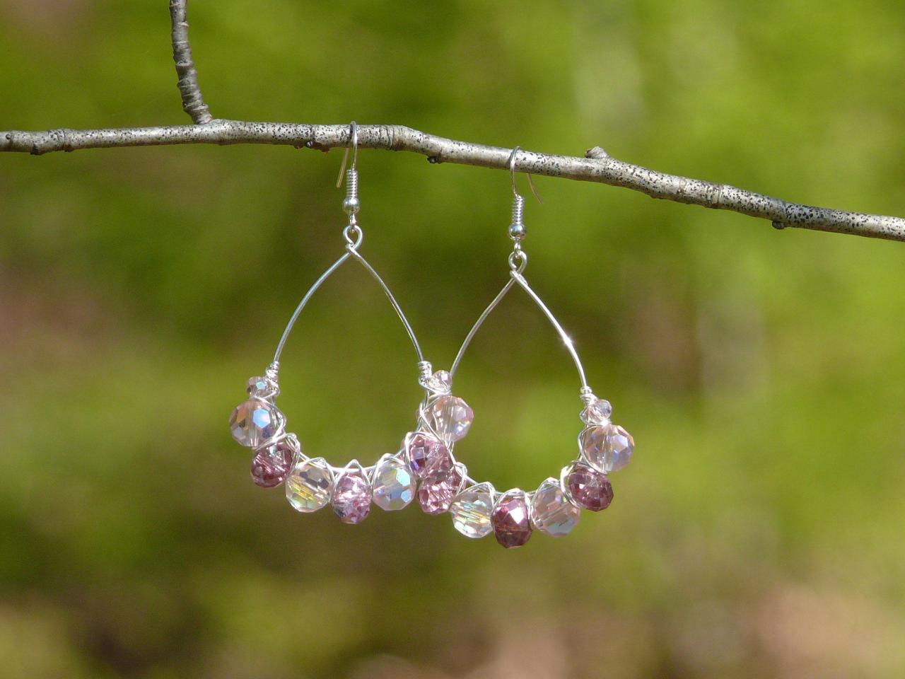 Pink And Silver Earrings, Soft Pink Boho Earrings, Sparkling Pink Hoop Earrings, Wire Wrapped Silver Hoops, Festival Dangles, Gift For Her