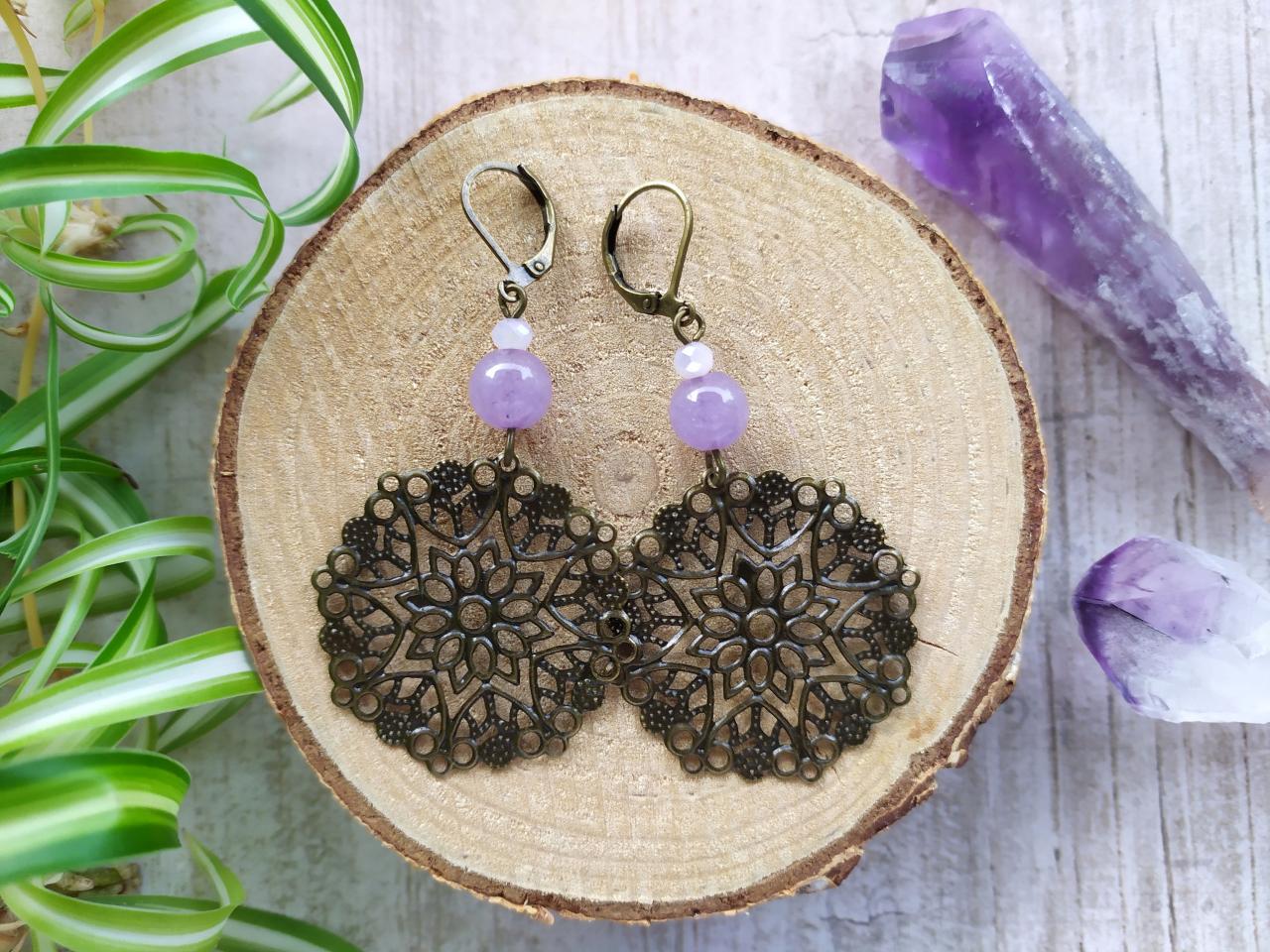Lavender Jade Earrings, Genuine Natural Stone Jewelry, Purple Gemstone Earrings, Antique Brass Dangle Earrings,bohemian Jewelry,gift For Her