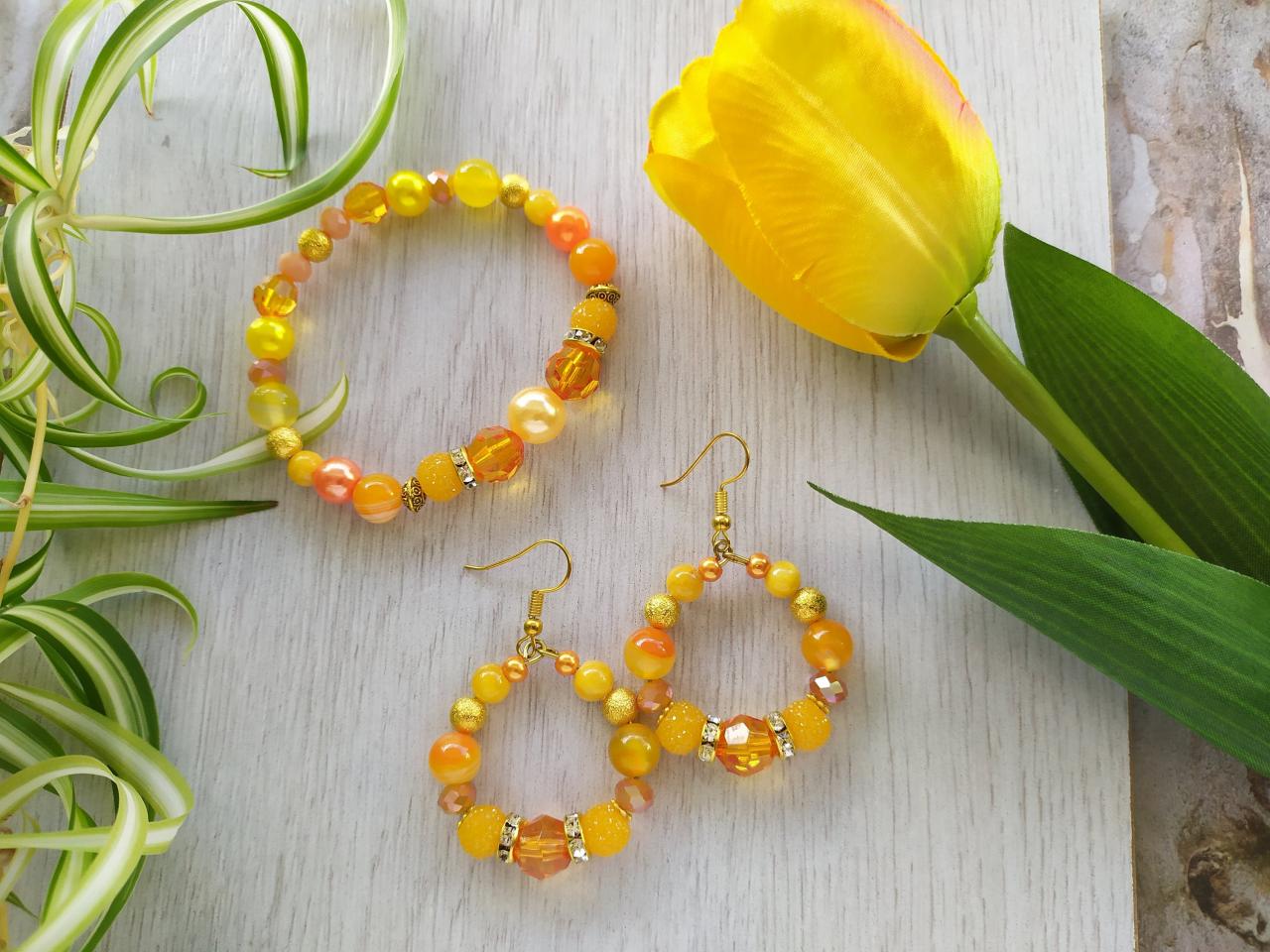 Yellow Orange Jewelry Set, Happy Earrings And Bracelet, Positive Solar Plexus Chakra Jewelry, Agate Gemstone Bracelet, Gold Hoop Earrings